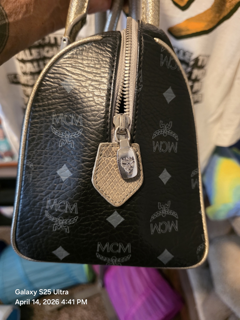 SOLD)))MCM Metallic Black Leather Small/Med Boston Bag W/ Gold and Pink Accents. - Picture 6 of 15